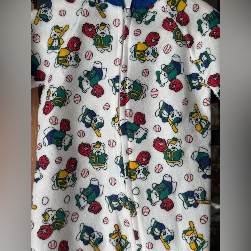 Nwt Vintage 80s Baseball Teddy Bear Footies Baby Toddler Boy Fleece Coverall Zip — image 2 of 8